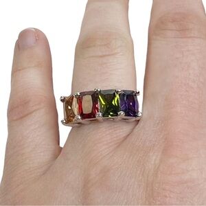 Emerald Cut Glass Stone Multicolored Rainbow Silver Tone Ring